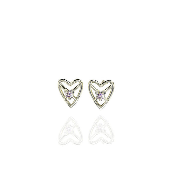 Sterling Silver Sweetheart 3D Stud Earrings with White Sapphire
