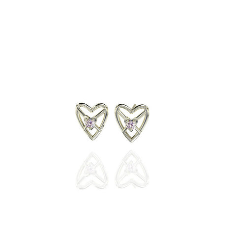 Sterling Silver Sweetheart 3D Stud Earrings with White Sapphire